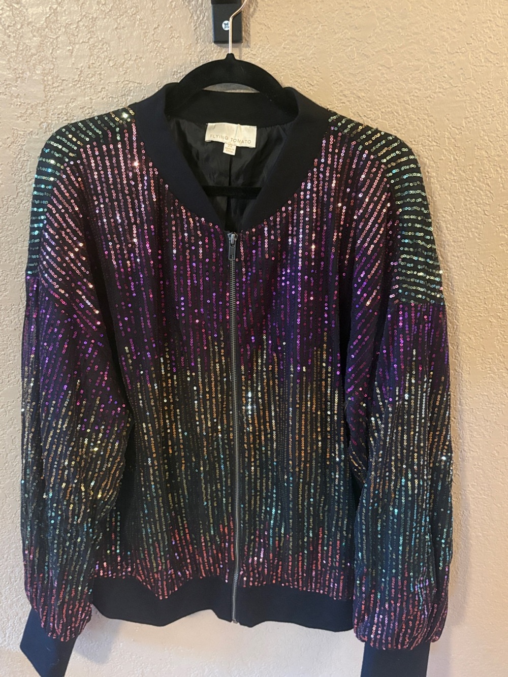 Flying Tomato Black Iridescent Sequin Bomber Jacket